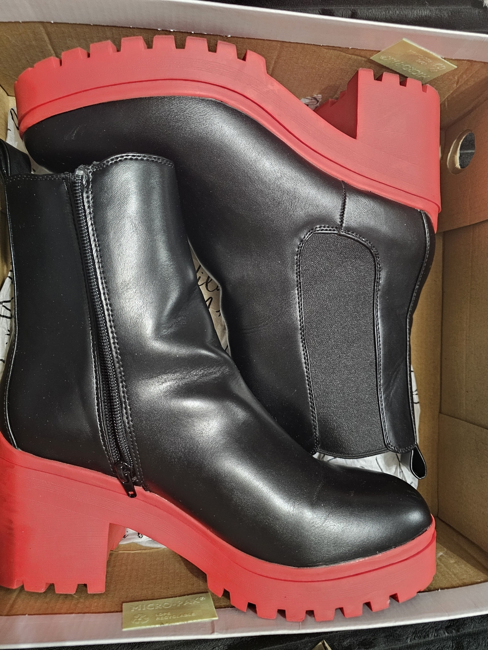Wild Pair Black Ankle Boots with Red Lug Sole